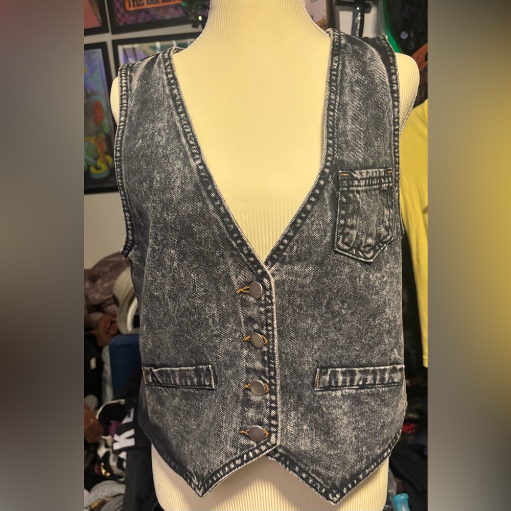 Vintage Black Acid Wash Denim Vest
